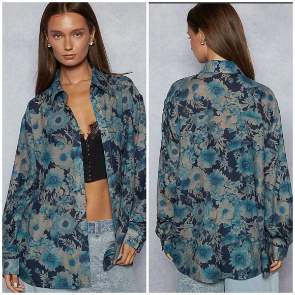 Floral Blue and Gray Button-Up Shirt - Picture 2 of 3